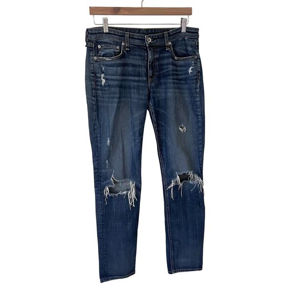 Rag & Bone Women’s Dre Slim Boyfriend Jeans Size 27 Distressed Ripped Knees Blue - Picture 1 of 12